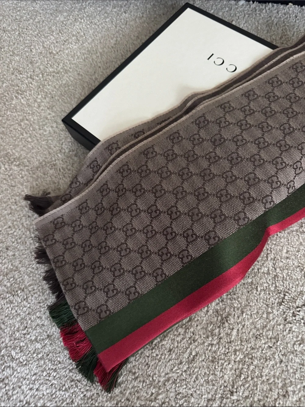 Gucci Taupe and Dark Brown GG Wool-Blend Scarf